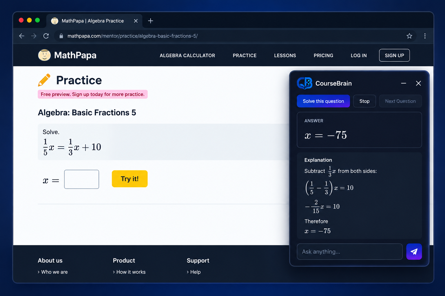 CourseBrain desktop assistant overlay solving an algebra problem alongside a web worksheet